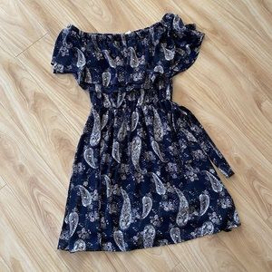 Lulus strapless navy blue paisley dress with belt